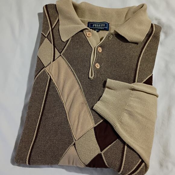 VTG Peletti Lana Collezione 3XL Men's Geometric Tan/Brown Collared Coogie-like - Picture 1 of 11